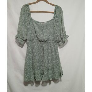 Mi Ami Floral Mini Dress Green Cottagecore Square Neck Ruffle L
